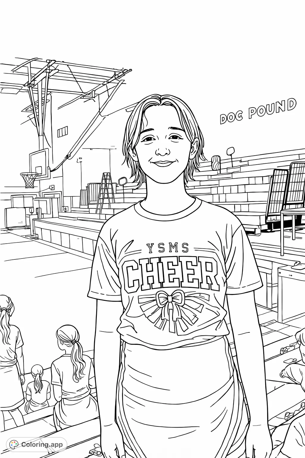 A smiling young cheerleader in her uniform stands proudly in a gym, ready for a spirited coloring adventure.