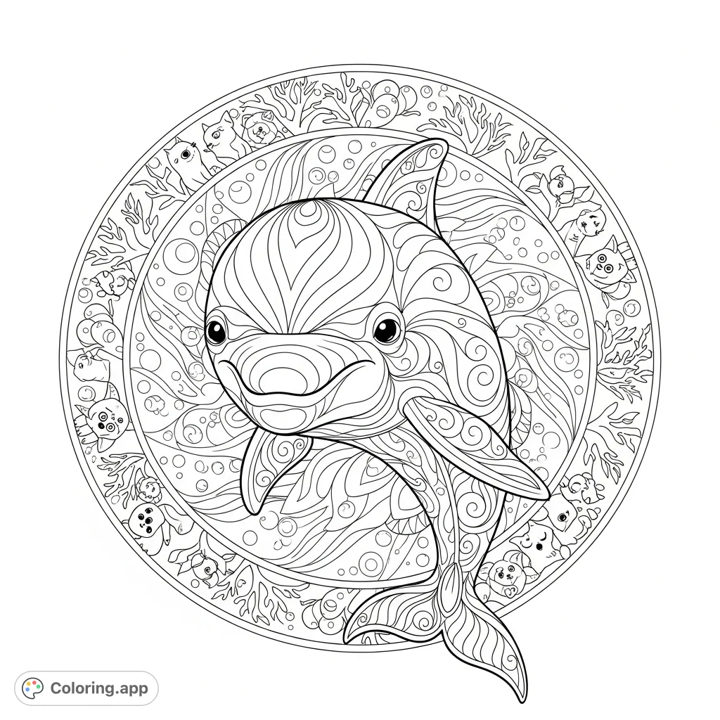 Dive into tranquility with this intricate dolphin mandala coloring page. Featuring a graceful dolphin adorned with flowing patterns within an ocean-inspired frame, perfect for adults.