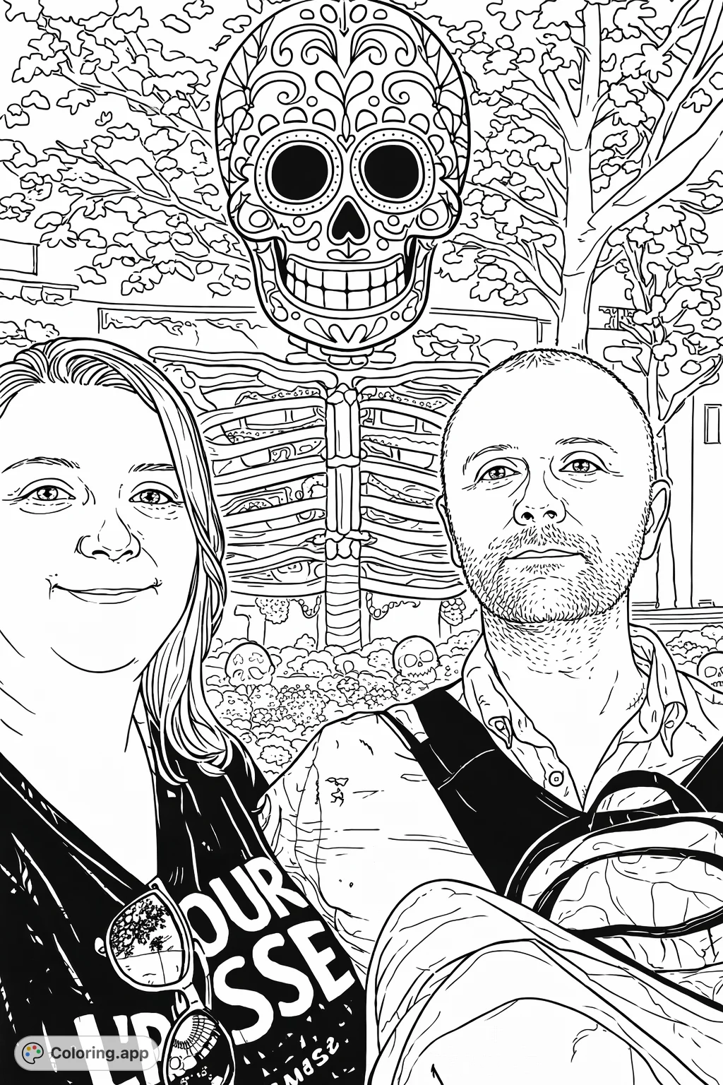 An intricate festive skeleton display, adorned with elaborate patterns, glowing elements, and cultural decorations, set against a nighttime backdrop.