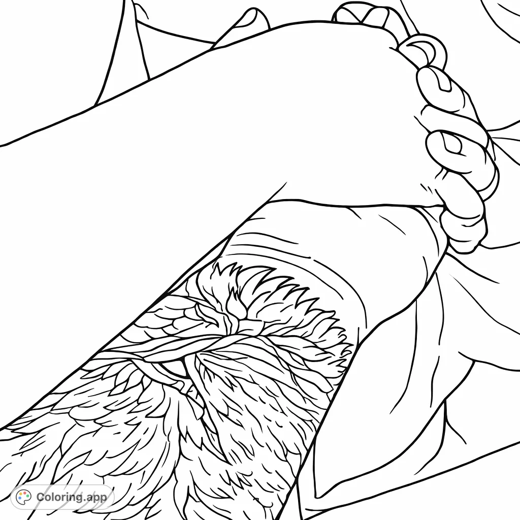 Experience the warmth of connection with this hands coloring page. An adult's hand, featuring a detailed tattoo, gently clasps a child's hand amidst floral designs.