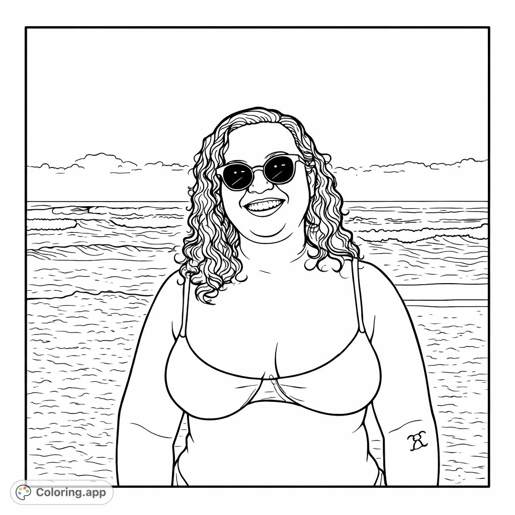 Capture the joy of a beach day with this smiling individual wearing sunglasses and swim attire. Features ocean waves and a sandy shore, perfect for a relaxing coloring escape.