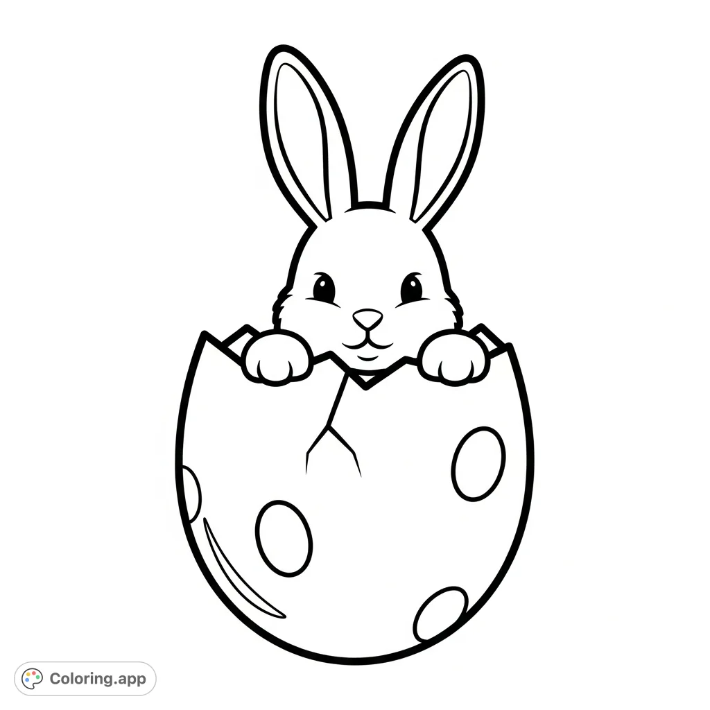 A charming baby bunny playfully peeks from a cracked Easter egg. This delightful scene is perfect for an easy, fun Easter coloring page for kids and beginners.
