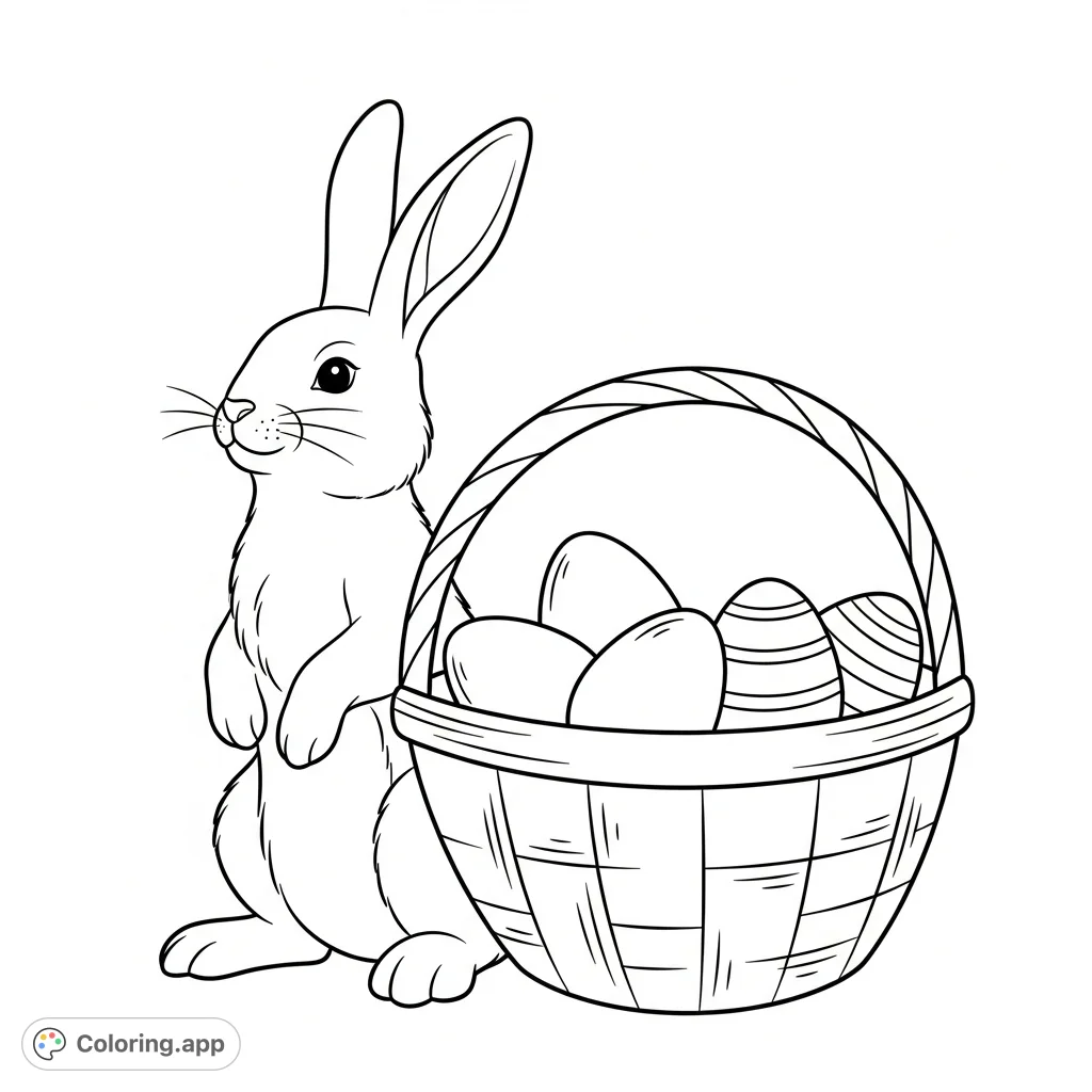 A delightful bunny stands beside a simple Easter basket brimming with striped and plain eggs. Perfect for a charming and easy coloring experience.