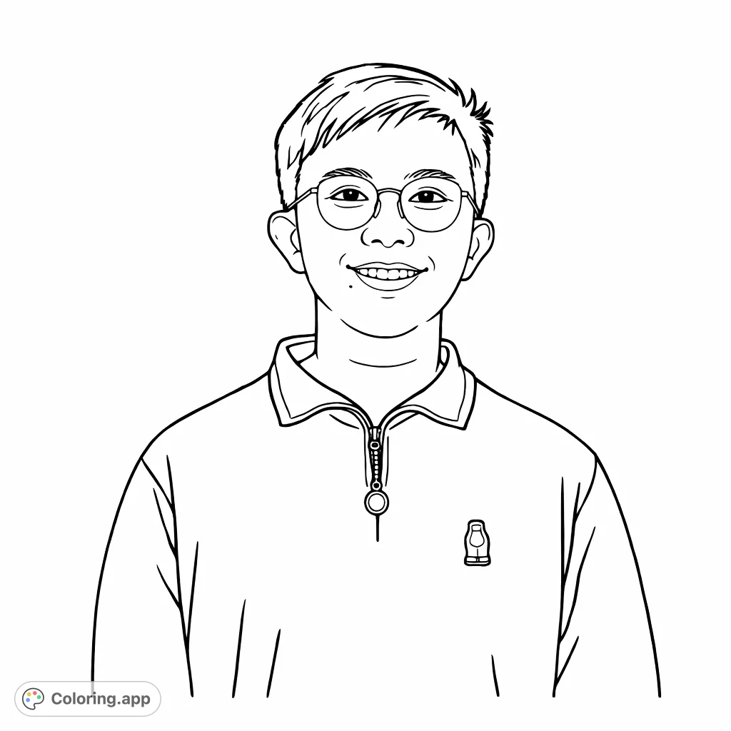 A cheerful portrait coloring page featuring a person with eyeglasses and a collared shirt, perfect for personalizing with your unique artistic vision.