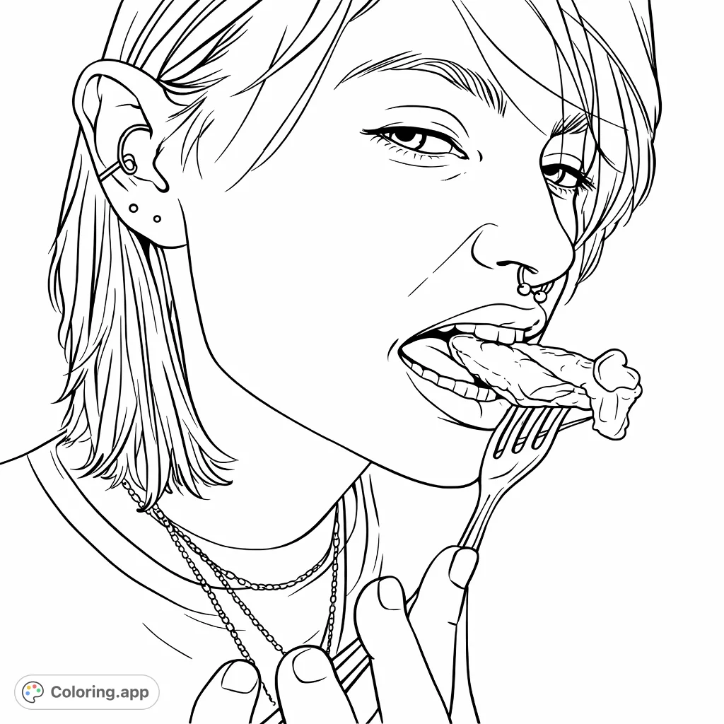 Capture a candid moment of a person enjoying a meal, featuring detailed facial features, piercings, and necklaces. A unique everyday scene to color.