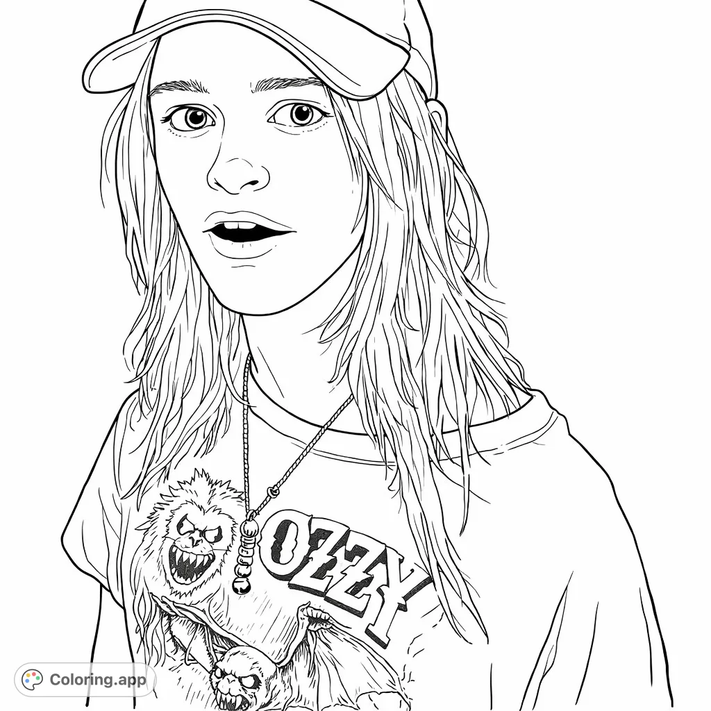 Color this striking portrait featuring a young person in a cap and graphic tee with a unique pendant, capturing a moment of curiosity.