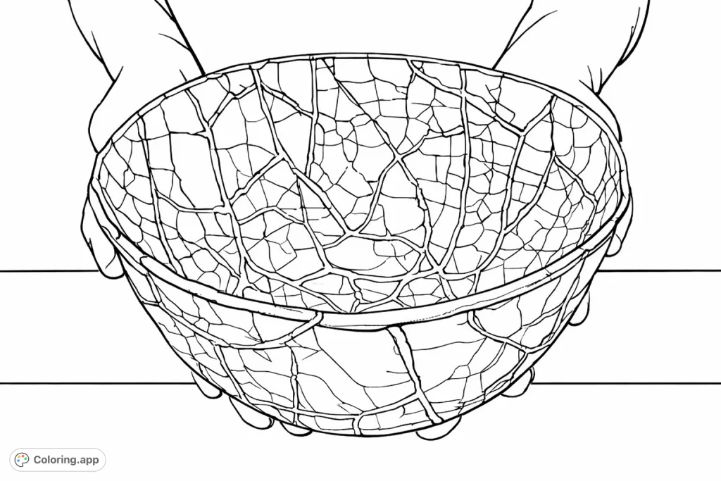 Color an intricate Kintsugi-inspired bowl, featuring a delicate crackle pattern held in hands, symbolizing resilience and artistry. Perfect for mindful coloring.