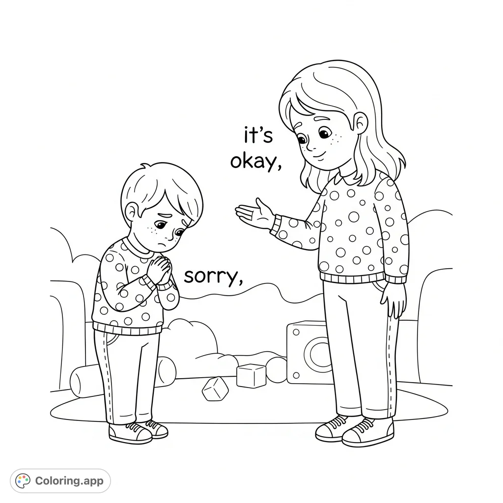 A heartwarming affirmations for kids coloring page featuring two children: one apologizing, the other offering comforting words. Teaches empathy and self-love.