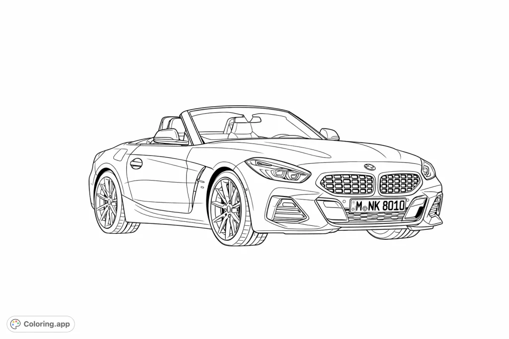 Color a dynamic convertible sports car with intricate details. Perfect for automotive enthusiasts to personalize a powerful and stylish vehicle.