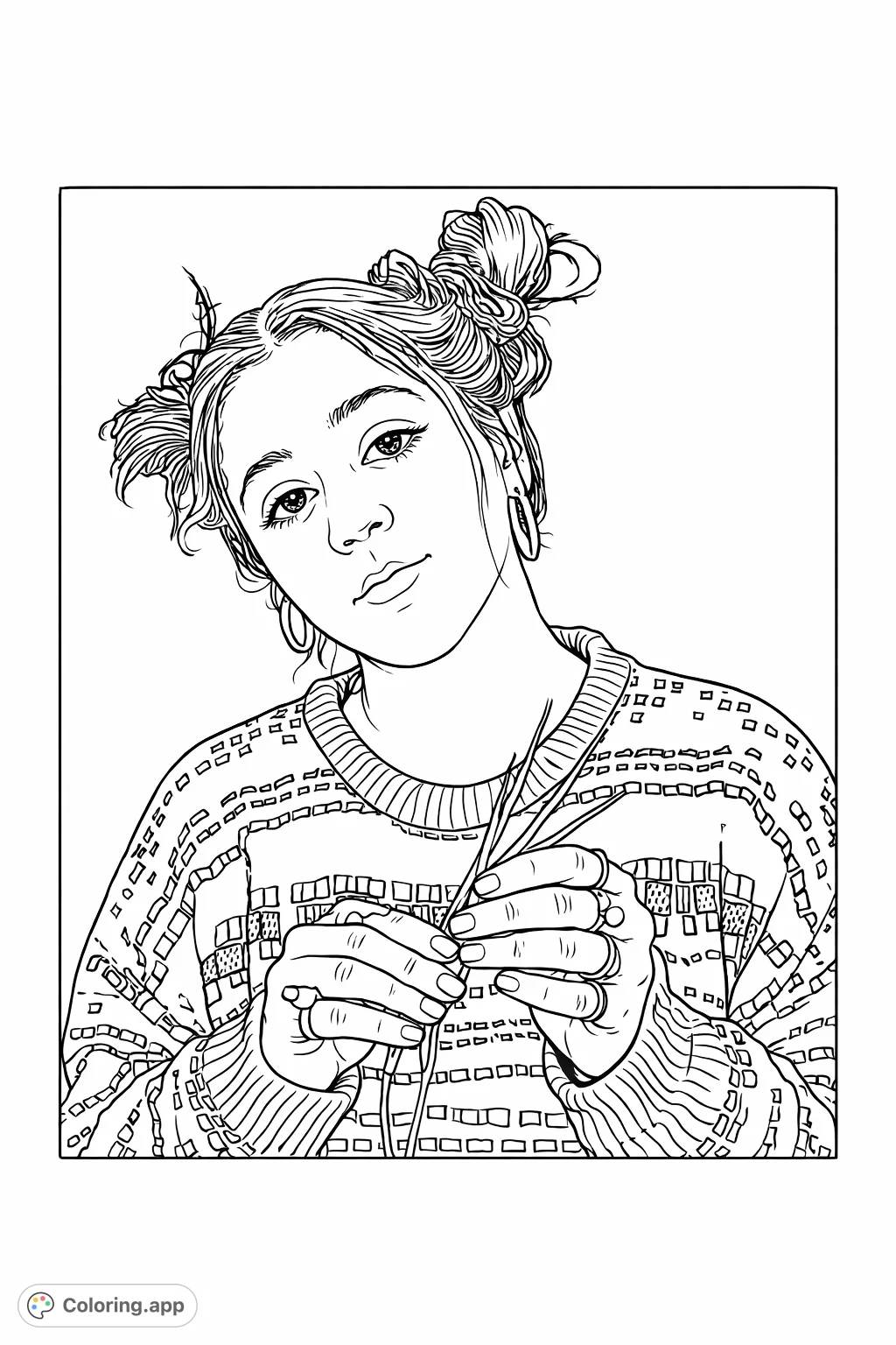 A captivating portrait of a young person with unique hair buns and a patterned sweater, delicately crafting with thin strands. A detailed and engaging coloring experience.