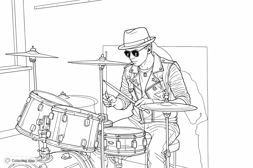 Capture the rhythmic energy of a cool drummer, complete with hat and shades, performing at a detailed drum kit. A complex, musical scene awaits your creative touch.