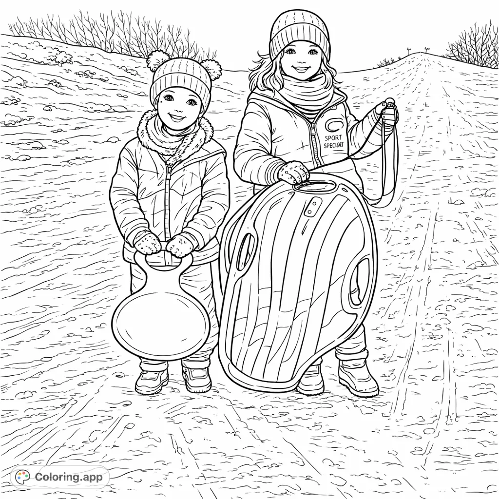 Two cheerful children enjoy a winter day, ready for sledding on a snow-covered hill. A delightful winter fun coloring page perfect for imaginative coloring.