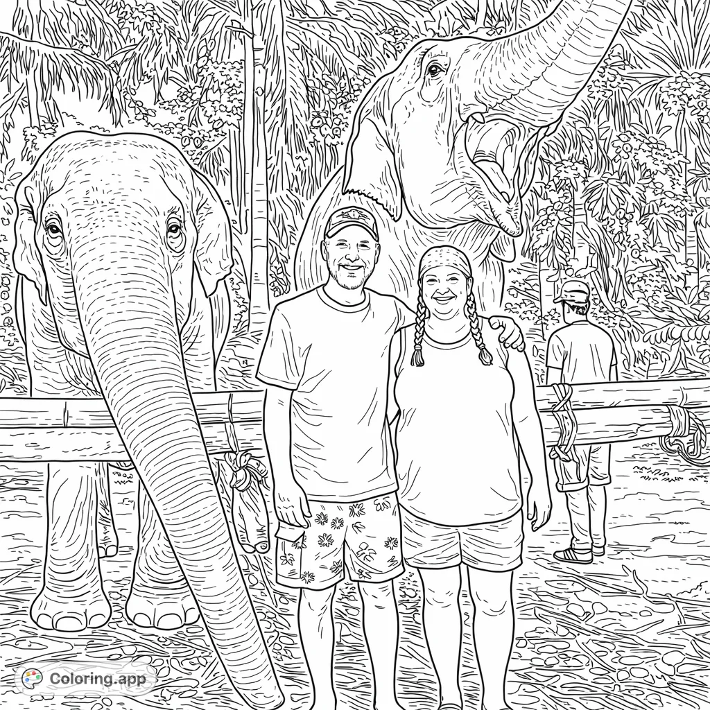 A heartwarming scene of two people interacting with majestic elephants in a lush jungle environment. This free printable elephant coloring page offers a delightful adventure.