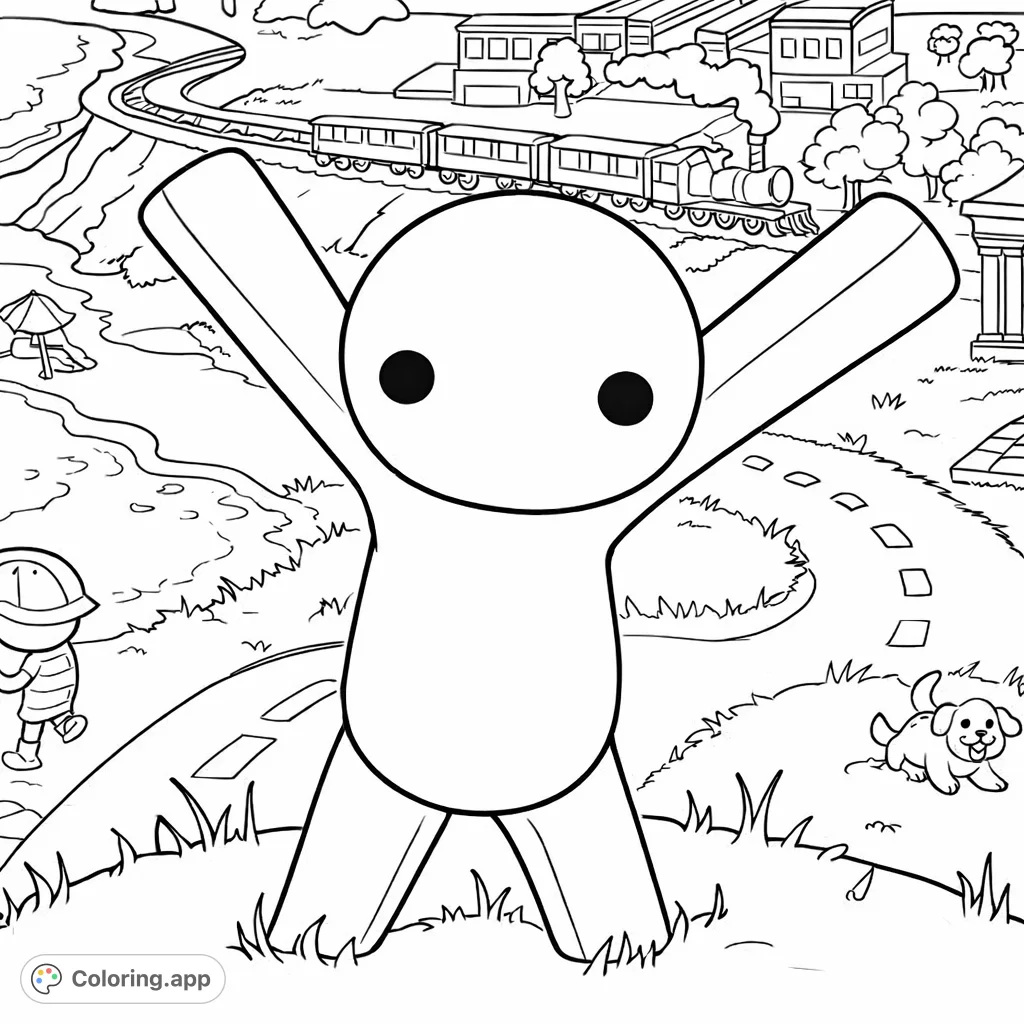 A cheerful, wobbly character explores a diverse landscape with a town, beach, and train. Perfect for imaginative coloring adventures.