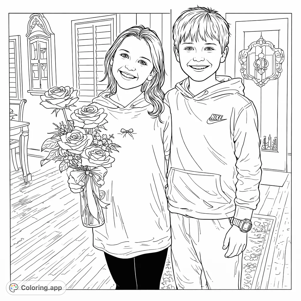 A heartwarming coloring page featuring two smiling children, a girl holding a beautiful bouquet of roses with a large bow. Perfect for capturing joy and friendship.