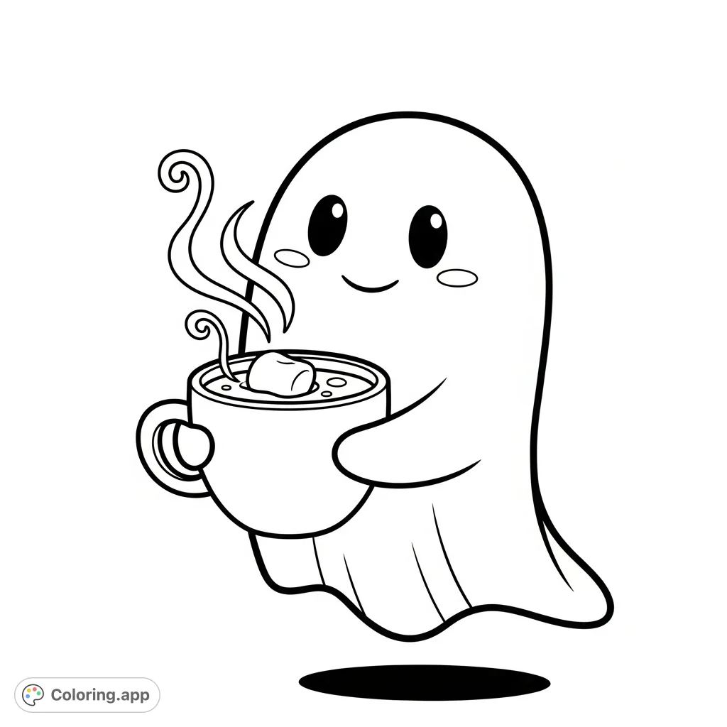 A sweet, friendly ghost enjoys a warm mug of hot cocoa with a marshmallow, perfect for a cozy Halloween coloring page with large, easy-to-color spaces.