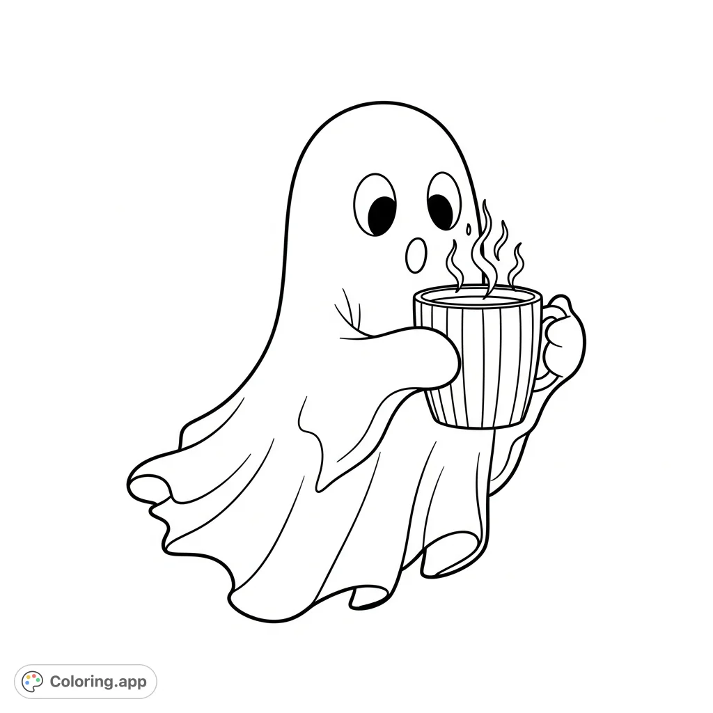 A charming ghost sips hot cocoa, a delightful and simple scene. Perfect for a relaxing coloring experience, bringing a touch of whimsy to your day.