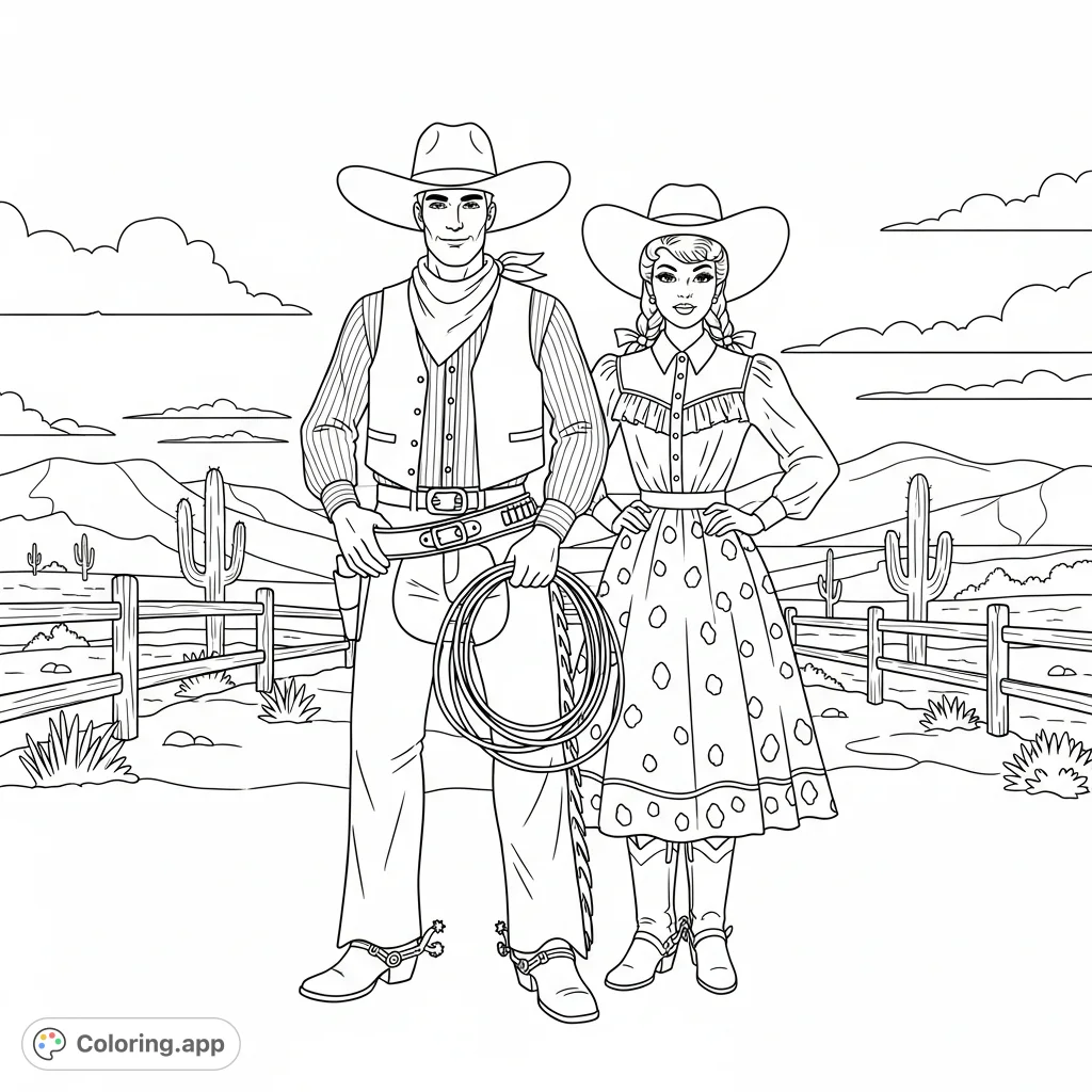 A charming vintage cowboy and cowgirl stand together, ready for adventure. This detailed scene captures the spirit of the Old West for all ages.