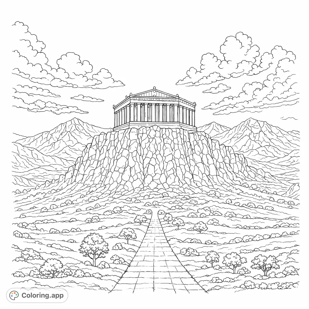 Explore an ancient temple atop a rugged hill, surrounded by distant mountains and a winding path, offering a detailed architectural and landscape coloring experience.