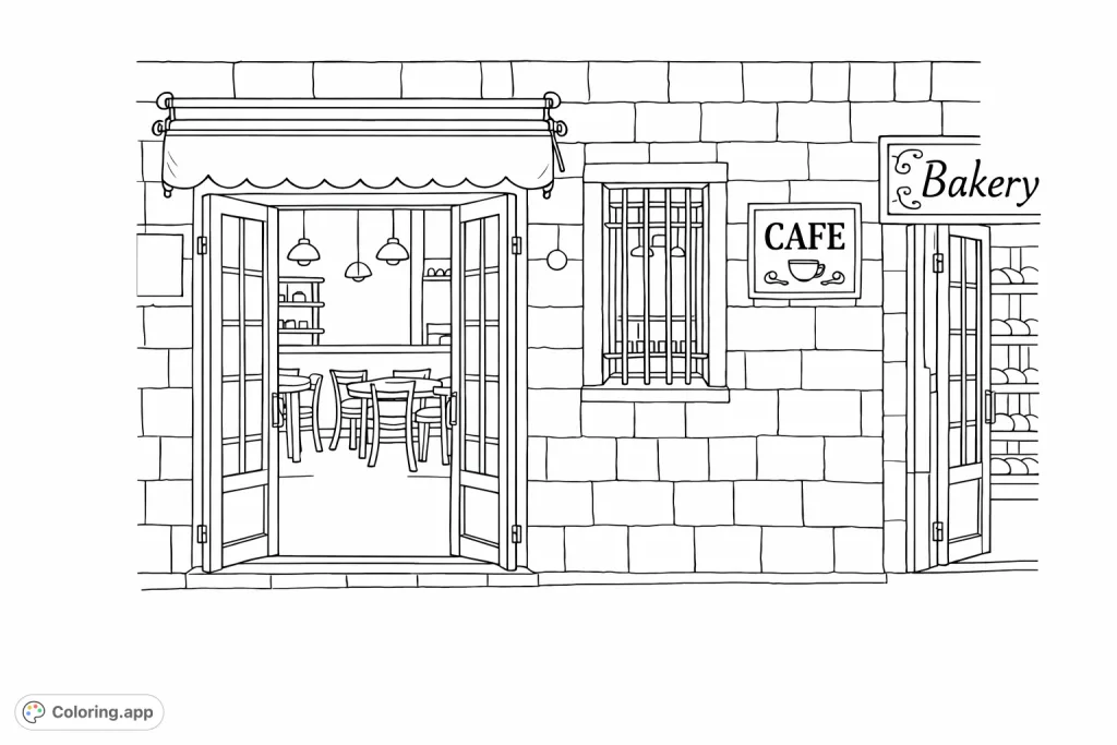 Discover a delightful cafe and bakery storefront, a cozy scene perfect for a relaxing coloring escape. Features intricate doors and a stone facade.