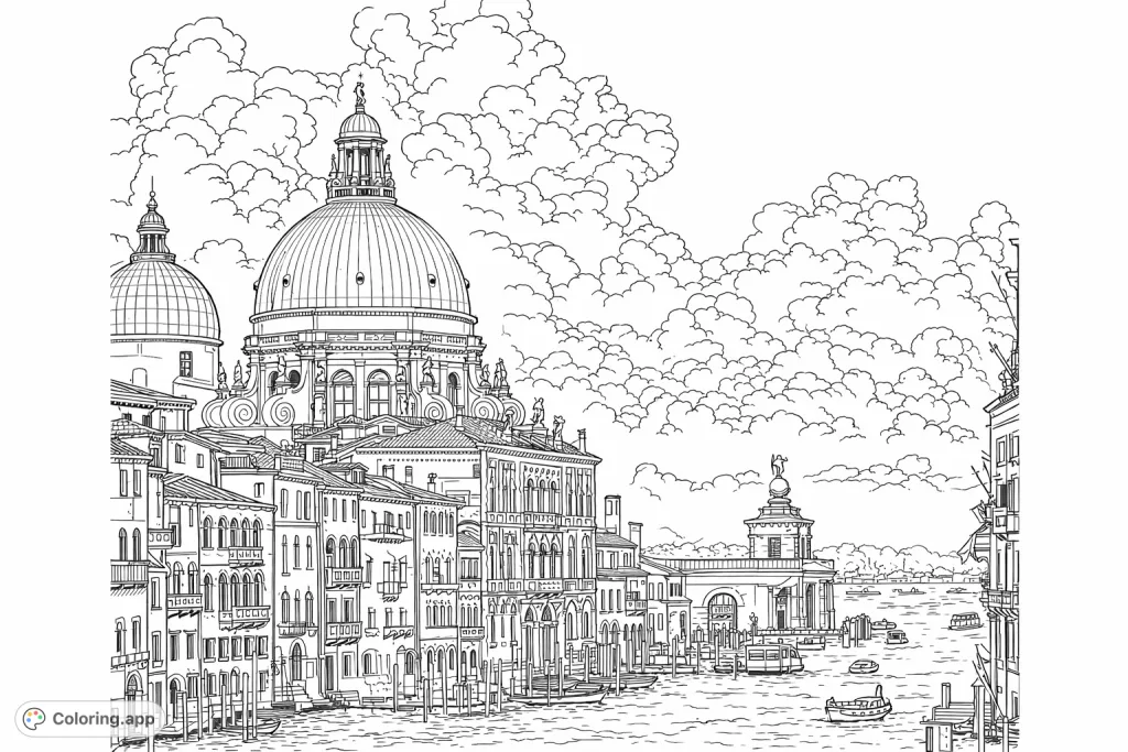 Explore the timeless beauty of a Venetian scene featuring a majestic domed basilica, historic buildings lining the Grand Canal, and boats gliding on the water. A detailed architectural journey awaits.