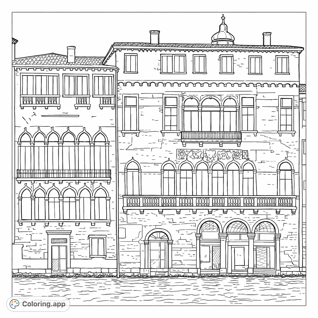 Explore the intricate architecture of two grand palaces rising from a picturesque waterway. A detailed Venetian architecture coloring page for all ages.
