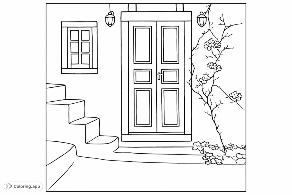 Discover a simple Mediterranean house facade with a striking door, small window, and charming steps. Perfect for a relaxing architectural coloring experience.