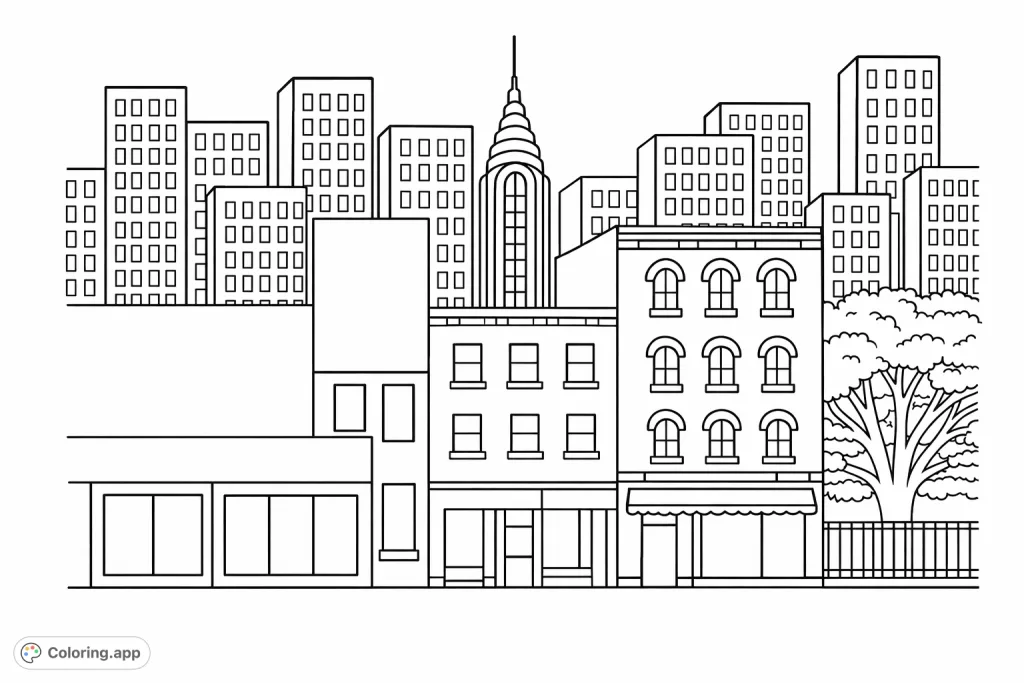 Explore an urban landscape with towering buildings, charming storefronts, and a majestic tree, perfect for a relaxing city coloring page adventure.