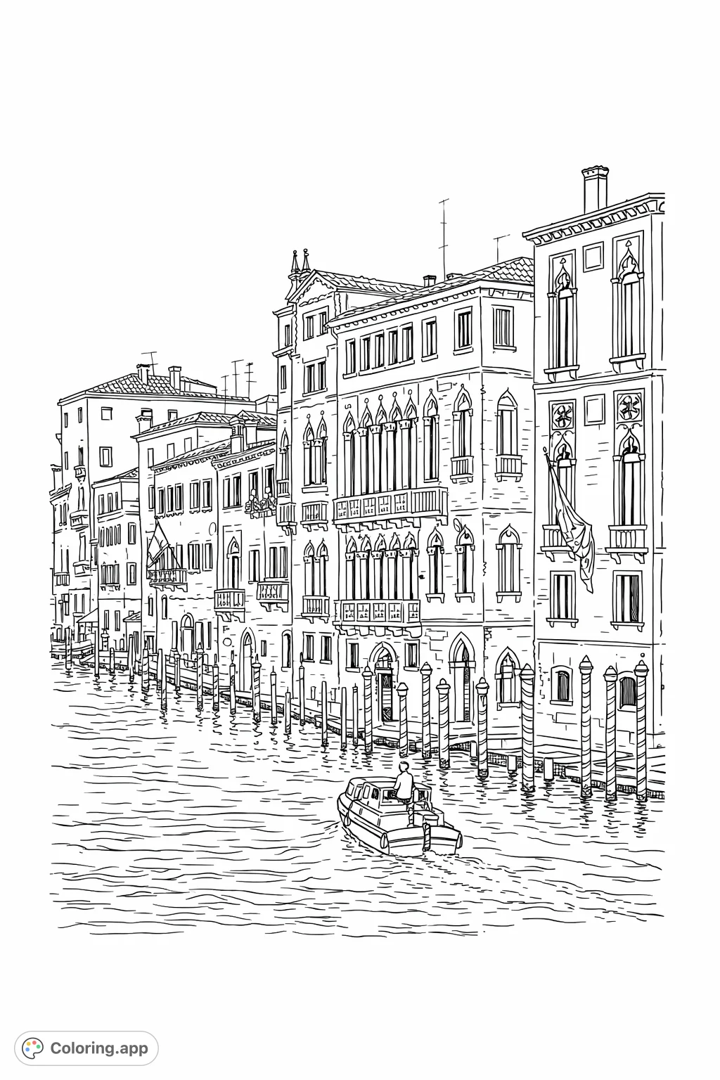 Explore the intricate beauty of a historic Venetian canal. This detailed coloring page features ornate buildings, a serene waterway, and a charming boat.