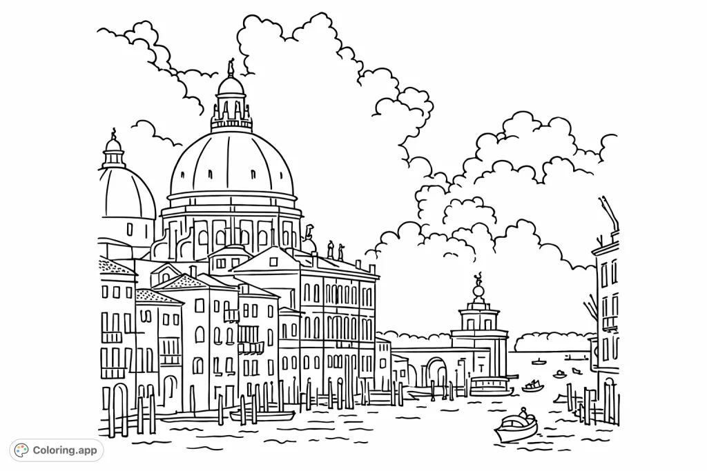 Explore a historic Venice cityscape featuring a majestic dome, intricate buildings, and gondolas on the bustling Grand Canal. A charming architectural free printable coloring page.