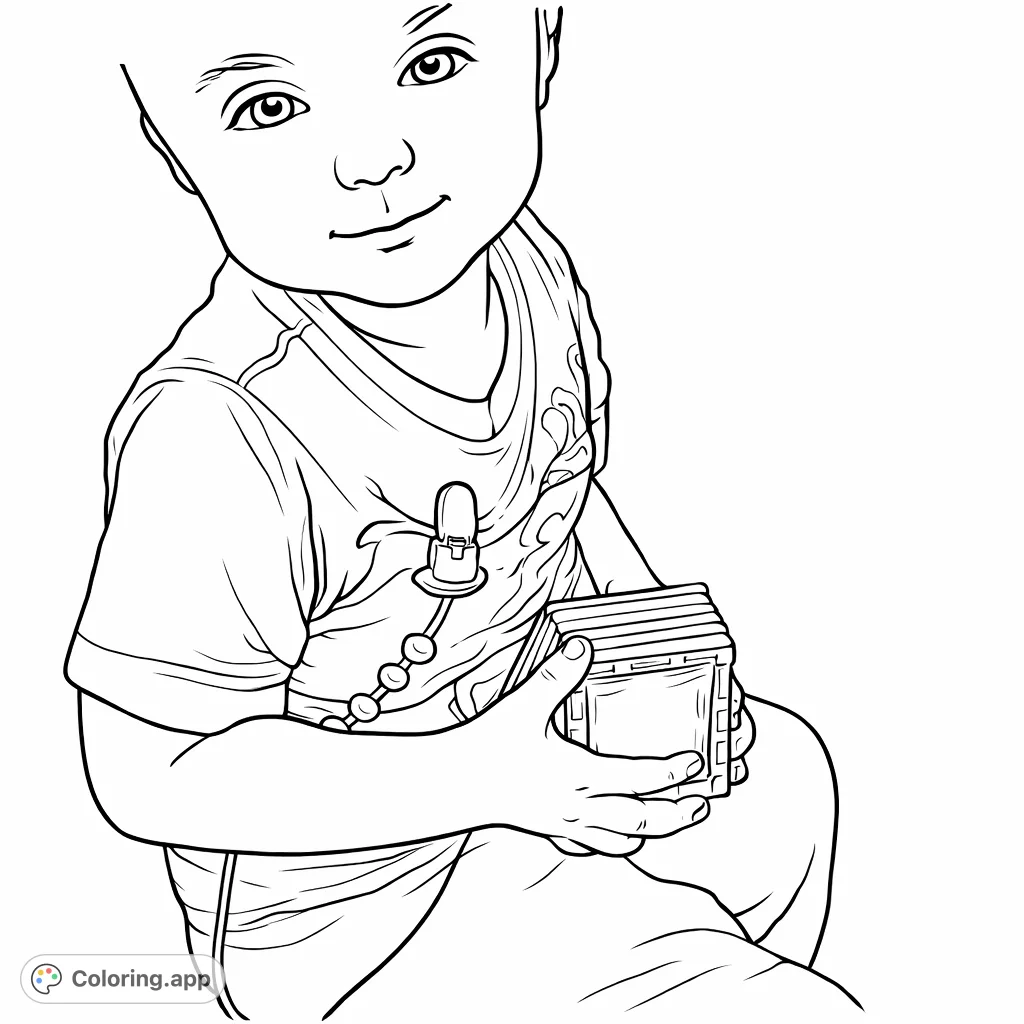 A heartwarming coloring page featuring a smiling child holding a unique stacked toy, perfect for expressing creativity and bringing joy to any day.