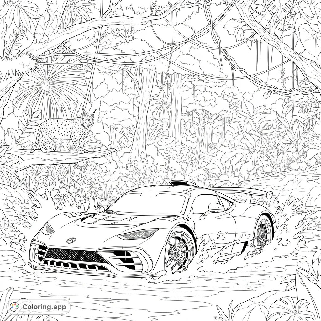 Experience the thrill of a Mercedes AMG ONE navigating a tropical river, surrounded by lush rainforest, with a hidden lynx observing the scene.