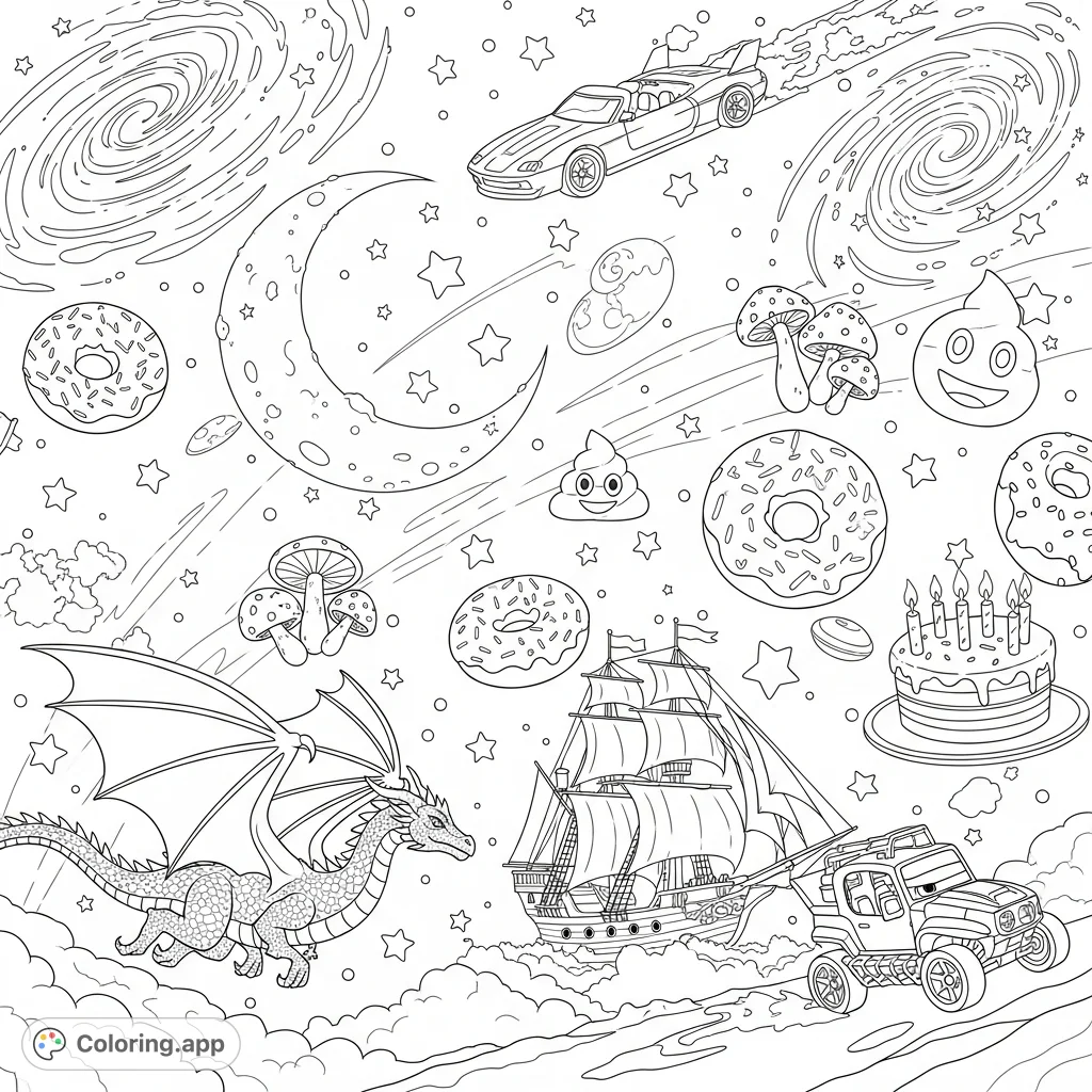 Explore a surreal cosmic realm with a majestic dragon, flying vehicles, and playful elements like donuts, mushrooms, and a poop emoji. A truly unique coloring page.