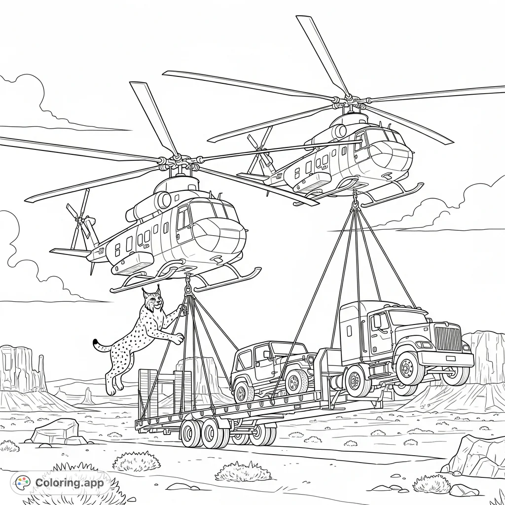 Witness an epic desert air rescue! Two helicopters hoist a flatbed semi with a Jeep XJ, while a lynx cat clings to the action.