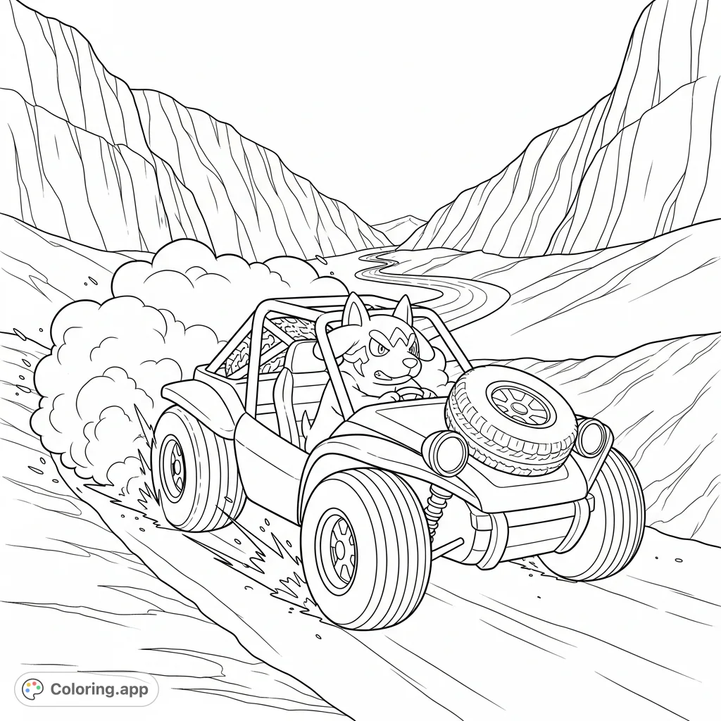 Greavard joyfully drifts a dune buggy through rugged desert mountains, kicking up sand. A dynamic and fun Pokémon adventure coloring page.