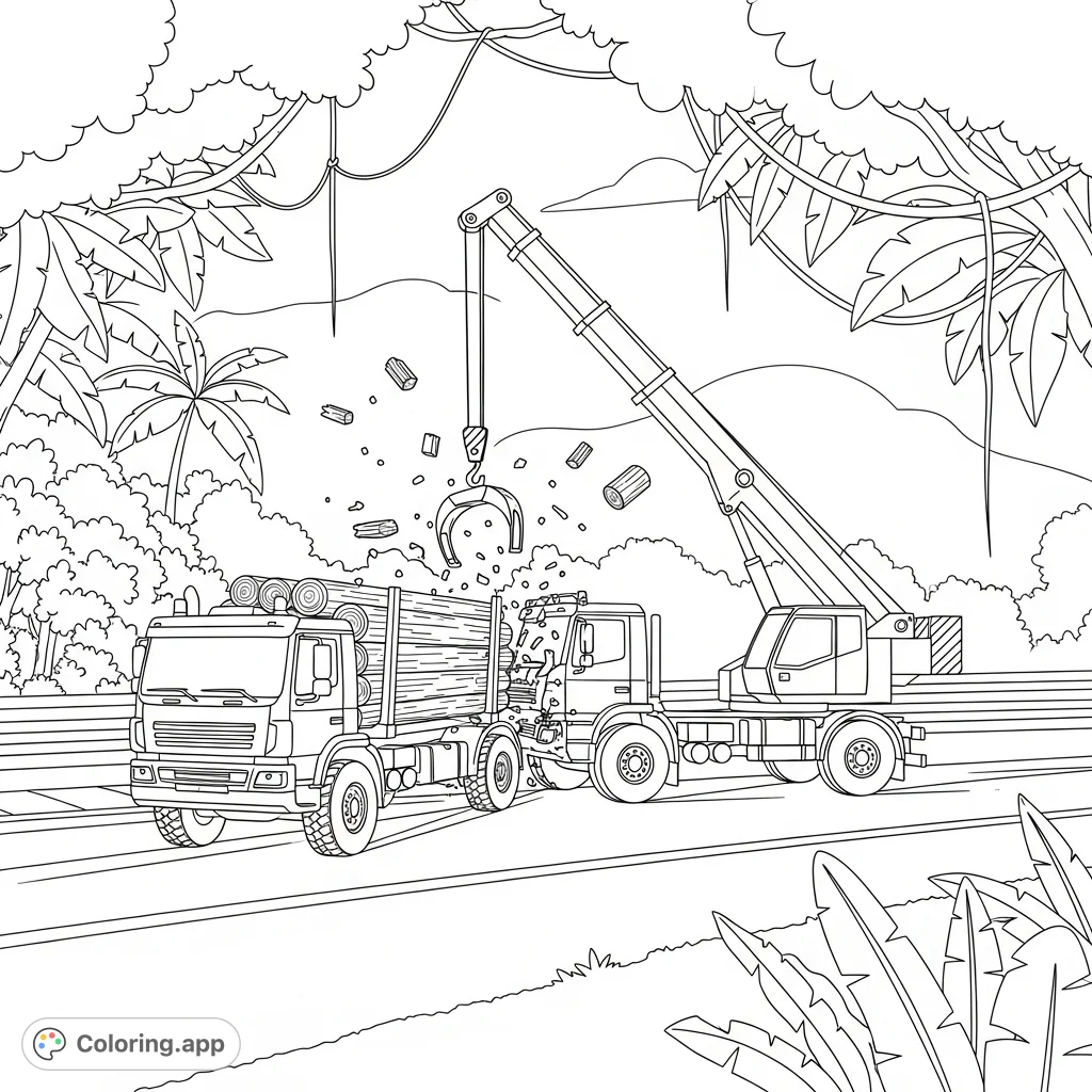 Experience the intense visual drama of a rally truck crash in a dense tropical rainforest. A lumber truck collides with a crane truck amidst flying debris.