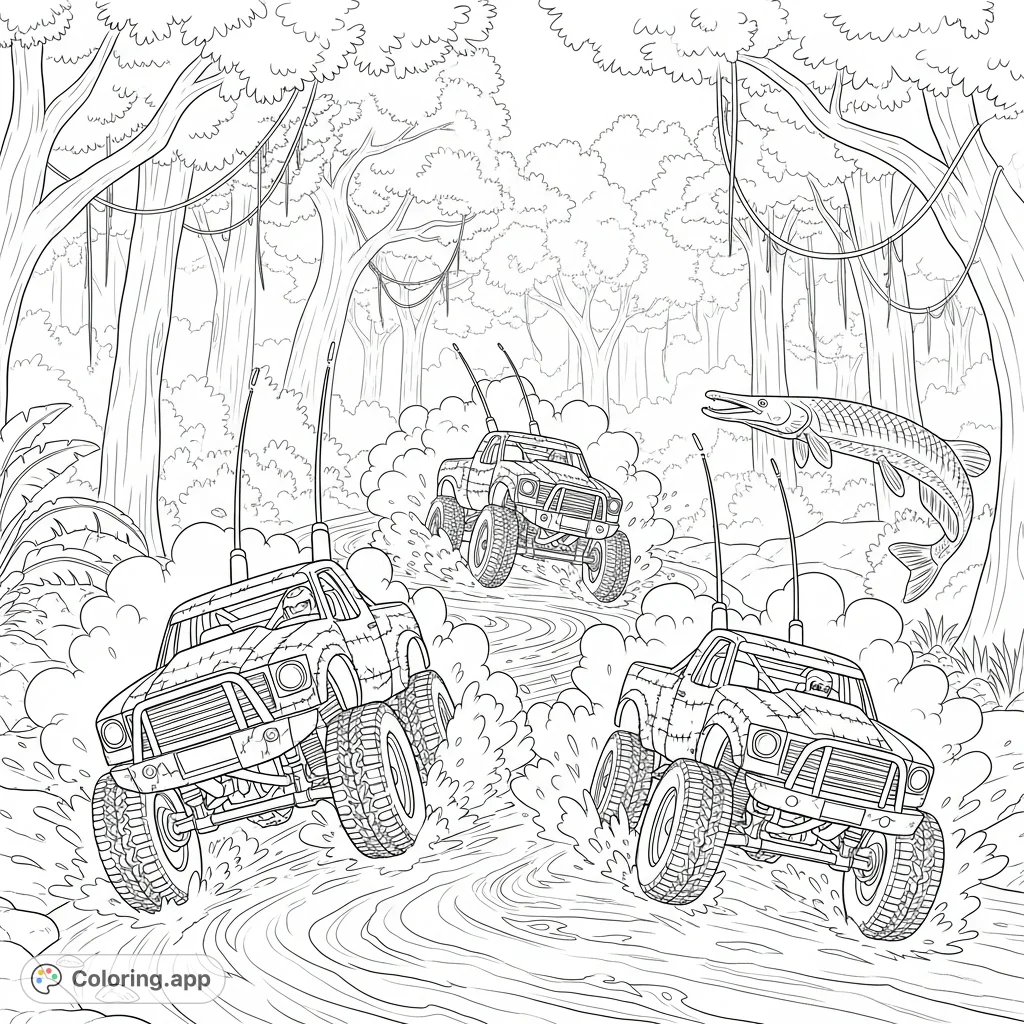 Three rugged junkyard trophy trucks race through a tropical rainforest river, kicking up spray as a gar leaps from the water. A dynamic, detailed scene.