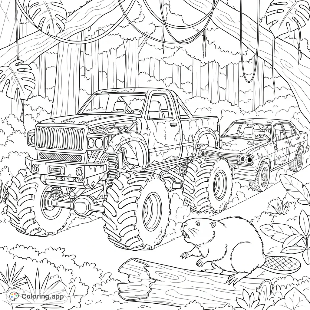Witness a junkyard trophy truck and car, driverless, tearing through a dense rainforest, with the truck mid-crash into a startled beaver. A wild scene!