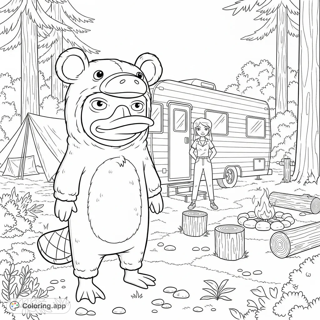 Join Perry the Platypus in his bear costume at a fun campsite with Vanessa and their camper. A playful Phineas and Ferb-inspired adventure!