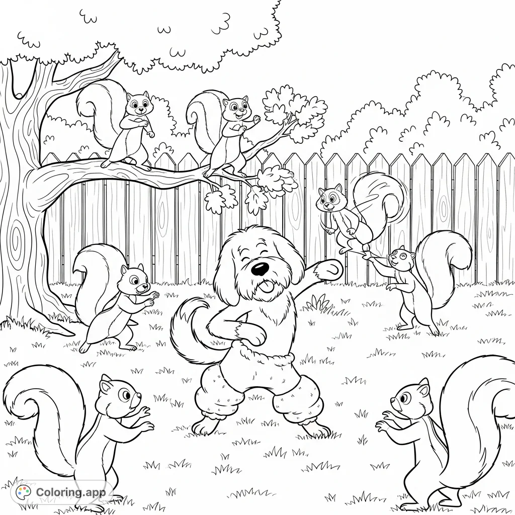 Join Poofy Pants the dog and the mischievous Psycho Squirrels in an epic backyard dance battle! This fun coloring page captures dynamic animal action.
