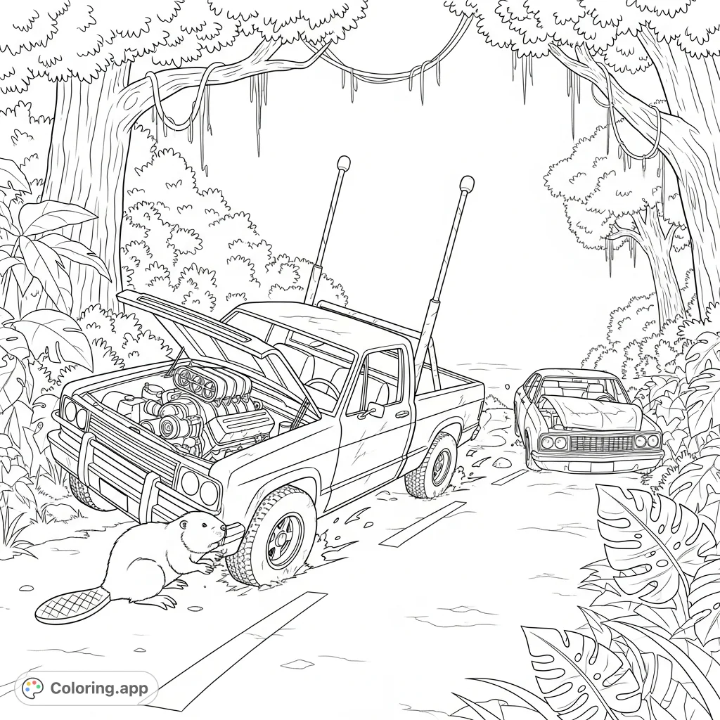 An intense rainforest scene featuring an abandoned trophy truck colliding with a beaver, alongside another driverless car on a chaotic jungle road. A unique adventure for colorists.