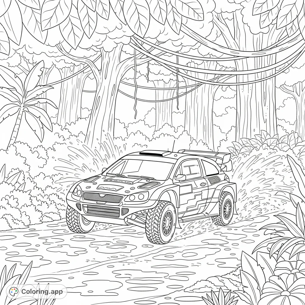 Navigate a powerful rally race car through a dense rainforest on an off-road course. Intricate details of the car and splashing water create an exciting scene.