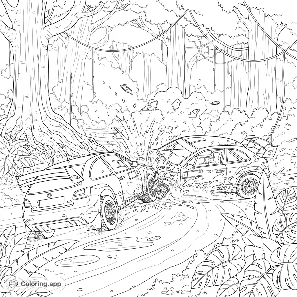 Experience the thrilling moment of two rally race cars crashing amidst a dense rainforest in this action-packed coloring page, perfect for car enthusiasts.
