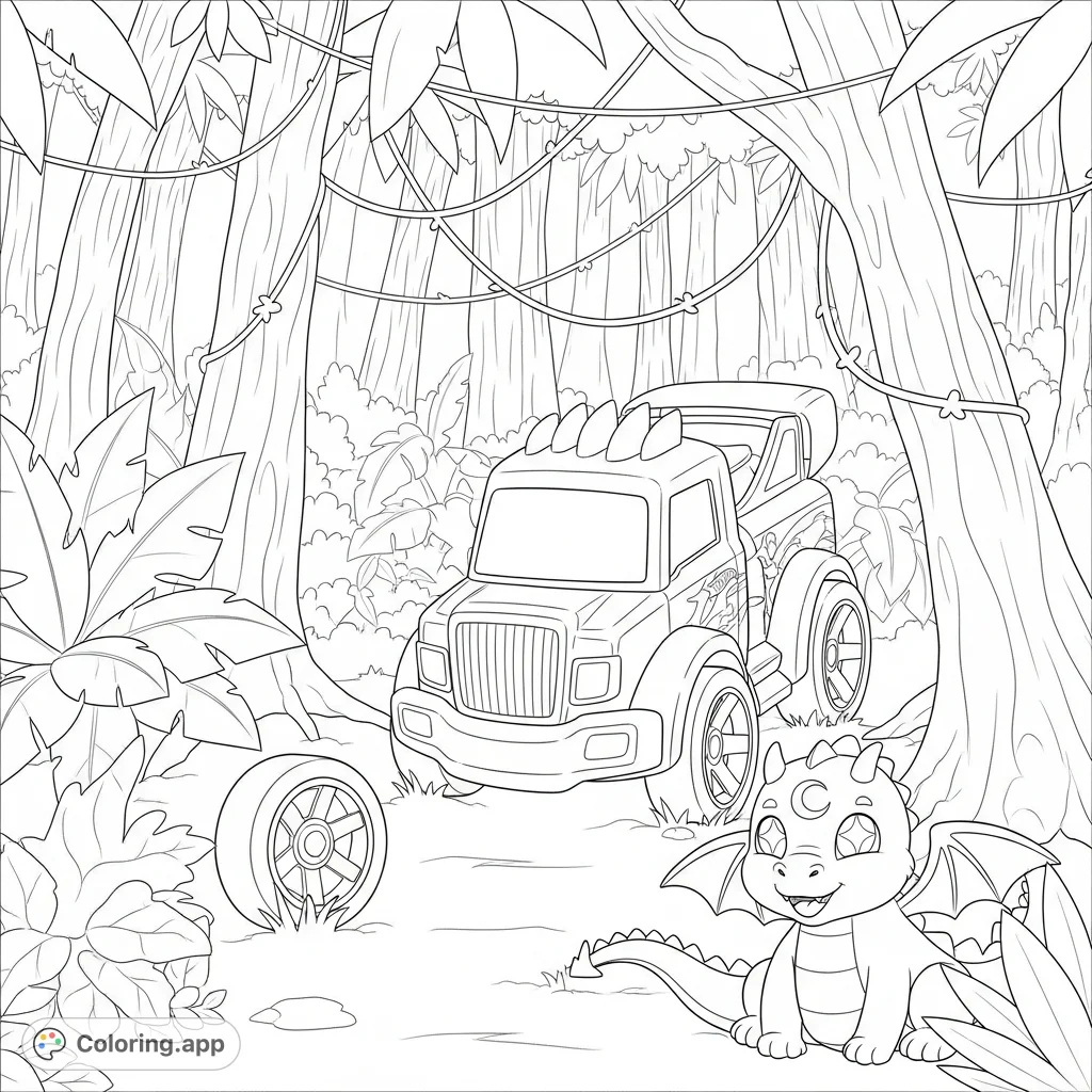 Join a Hotwheels Shredster and a cute, happy dragon in a lush tropical rainforest. Features a fallen wheel and a magical dragon with shimmering eyes.