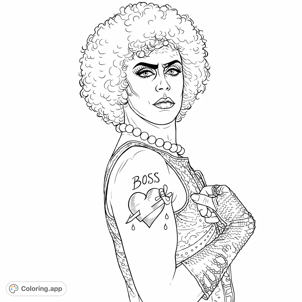 Unleash your creativity with this dramatic portrait of a cult icon. Features bold makeup, unique hair, and intricate costume details for a captivating coloring experience.