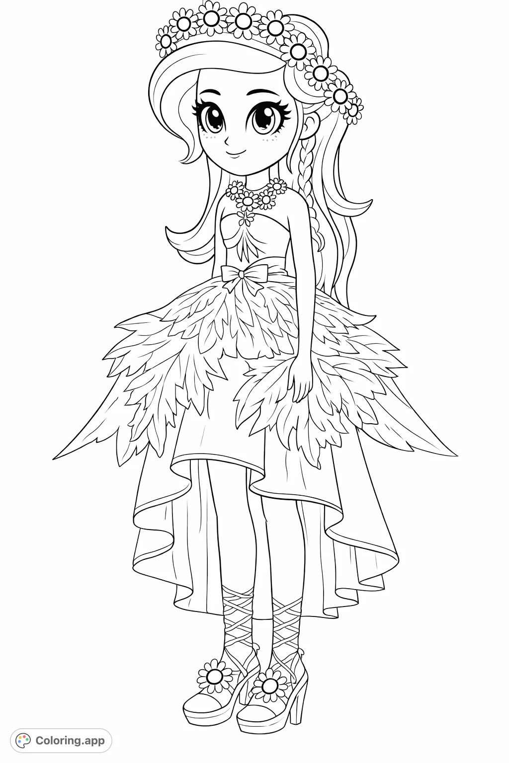 A vibrant character showcases a unique, nature-inspired outfit with leaf-like skirt layers and floral adornments. Perfect for imaginative coloring.