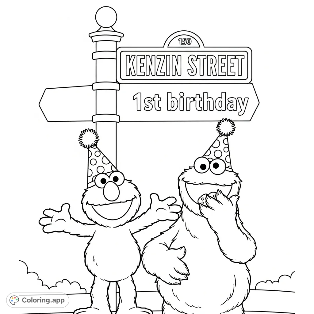 A delightful Elmo and Cookie Monster coloring page featuring the characters with birthday hats and a personalized "Kenzin Street 1st birthday" sign. Perfect for celebrations!