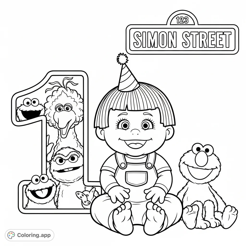 Celebrate a first birthday with a cute baby, a festive hat, and beloved Sesame Street characters like Elmo, Cookie Monster, Big Bird, and Oscar the Grouch!