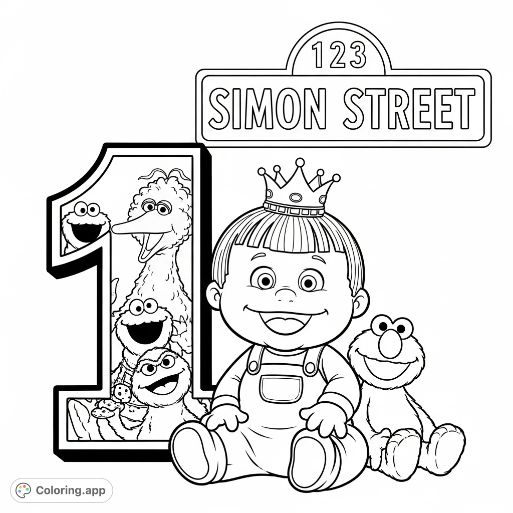 A delightful coloring page featuring a joyous baby with a crown and beloved characters Elmo, Cookie Monster, Big Bird, and Oscar the Grouch.