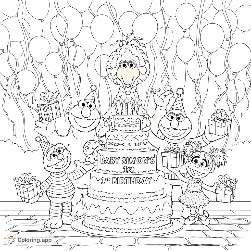 Elmo, Cookie Monster, Big Bird, Oscar, and Abby Cadabby celebrate Baby Simon's 1st Birthday around a grand cake, surrounded by festive balloons and streamers.